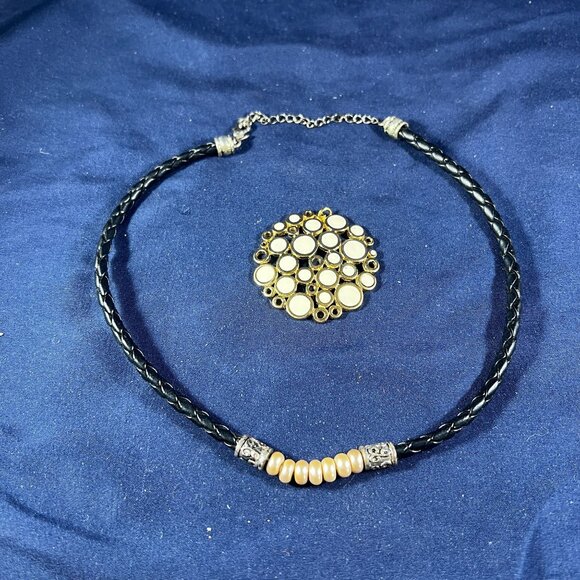 Premier Design Black Braided Necklace With Bead Accents & Gold Circle Pendant Se - Picture 1 of 5